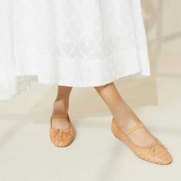Miss Left Brown Braid Adorable Round Toe Mary Jane Bowknots Elastic Strap Flats - Picture 1 of 8